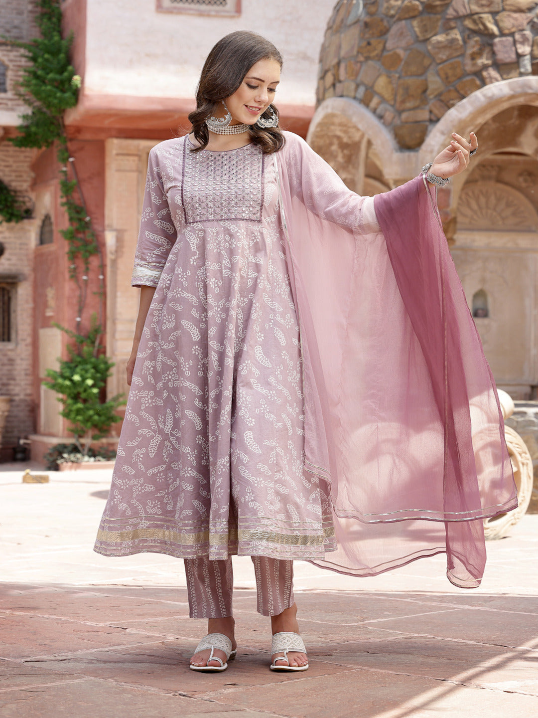 Lavender Bandhani Printed &amp; Embroidered Cotton Anarkali Kurta Pant Dupatta Set