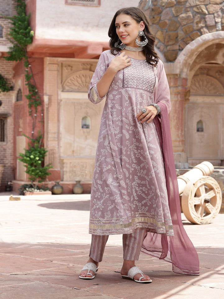 Lavender Bandhani Printed &amp; Embroidered Cotton Anarkali Kurta Pant Dupatta Set