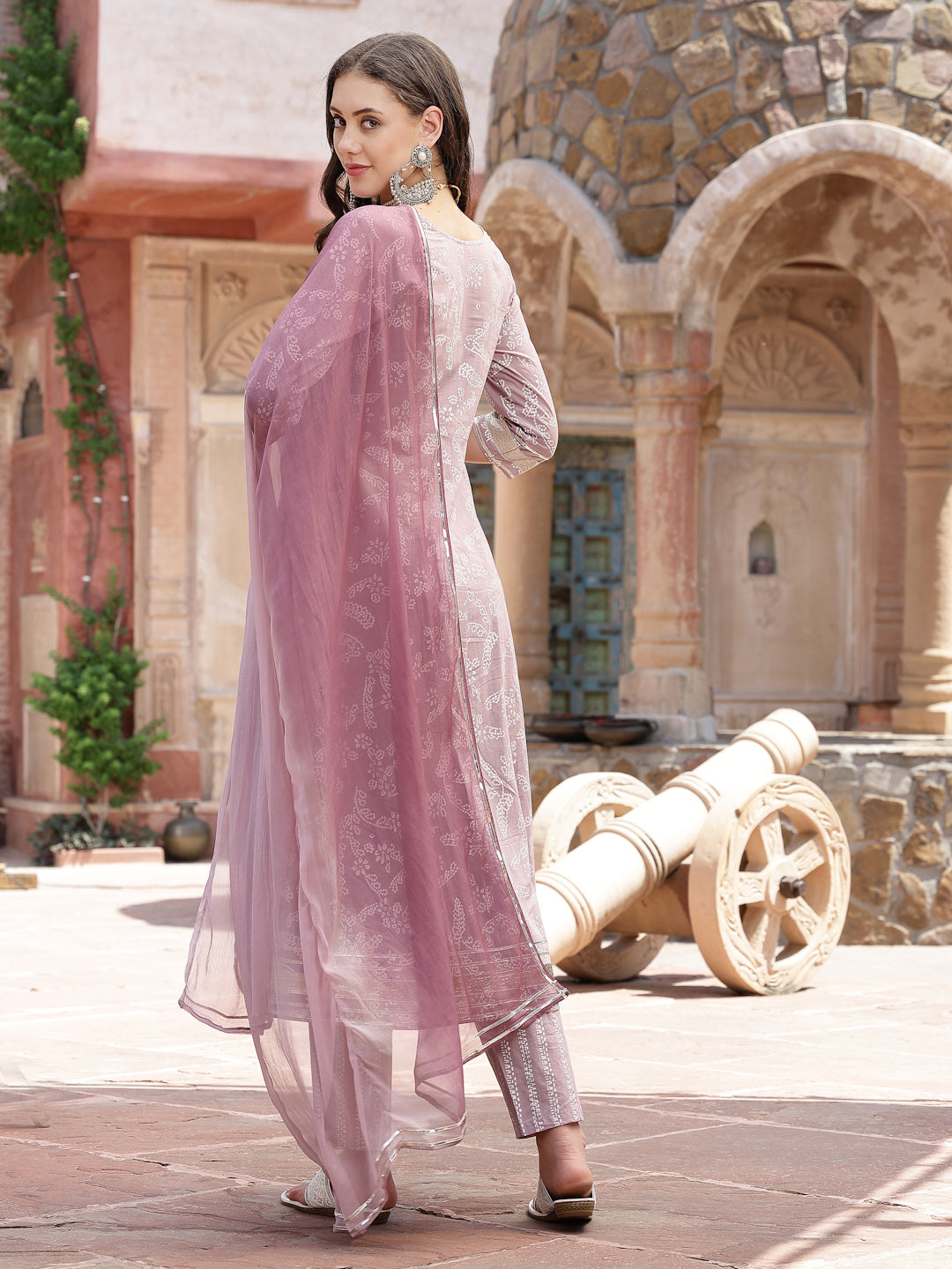 Lavender Bandhani Printed &amp; Embroidered Cotton Anarkali Kurta Pant Dupatta Set