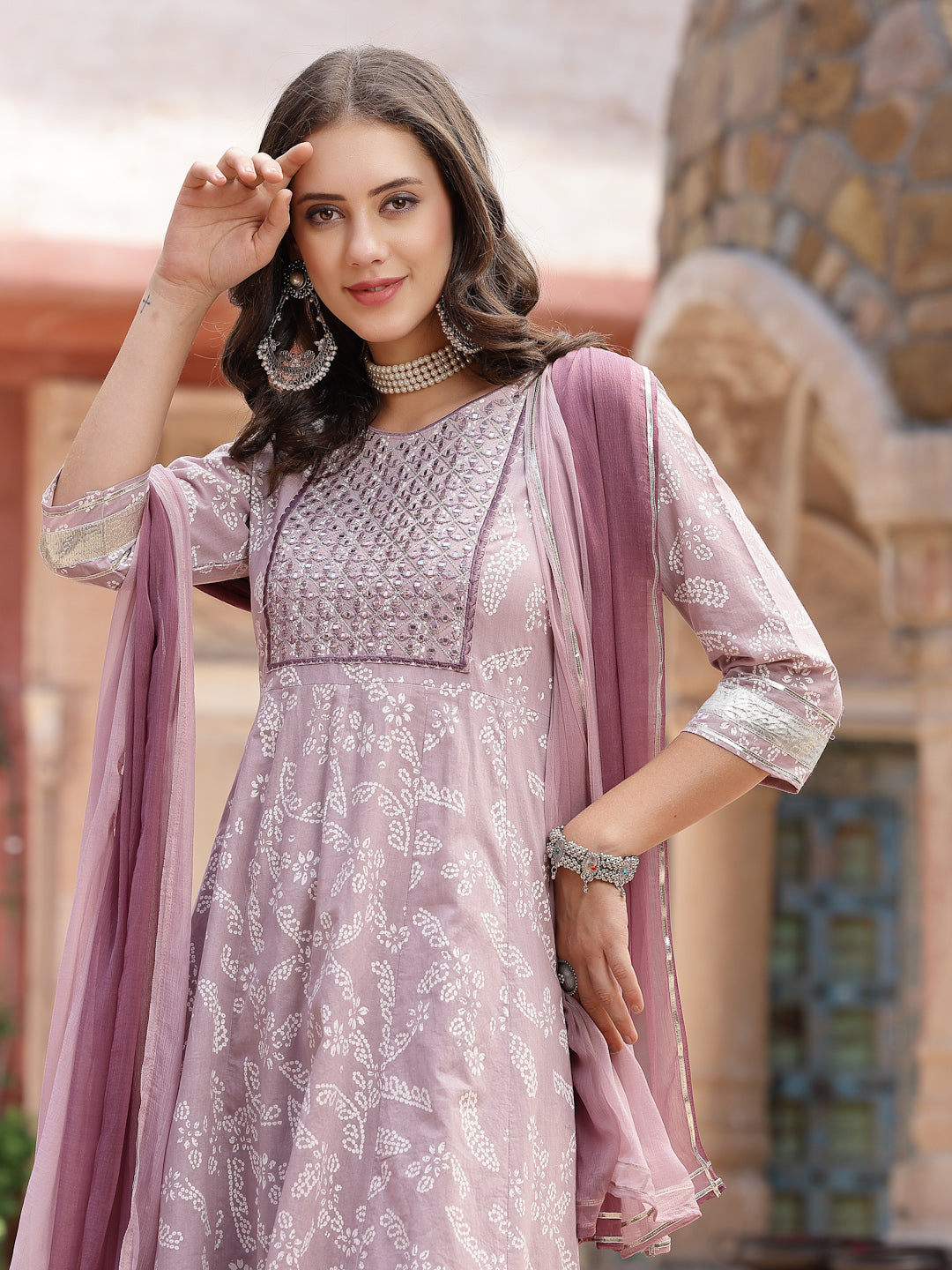 Lavender Bandhani Printed &amp; Embroidered Cotton Anarkali Kurta Pant Dupatta Set