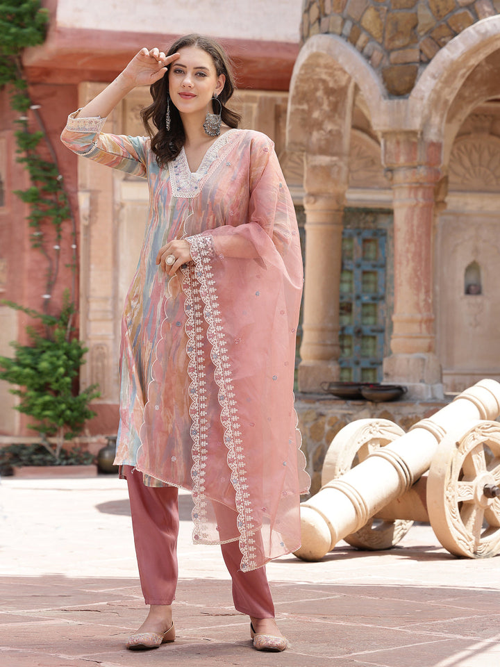Tie &amp; Dye Printed Musiin Straight Kurta Pant Dupatta Set