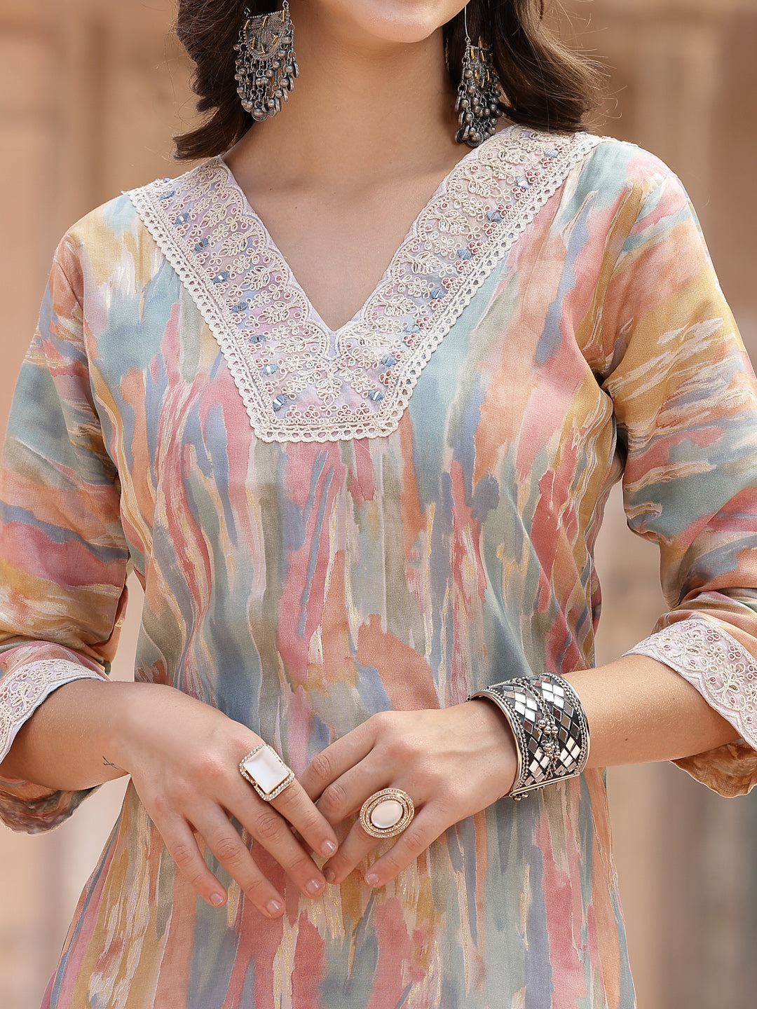 Tie &amp; Dye Printed Musiin Straight Kurta Pant Dupatta Set