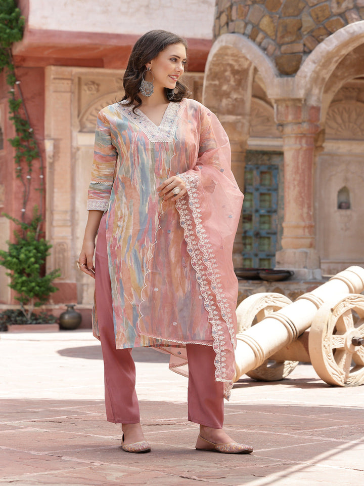 Tie &amp; Dye Printed Musiin Straight Kurta Pant Dupatta Set