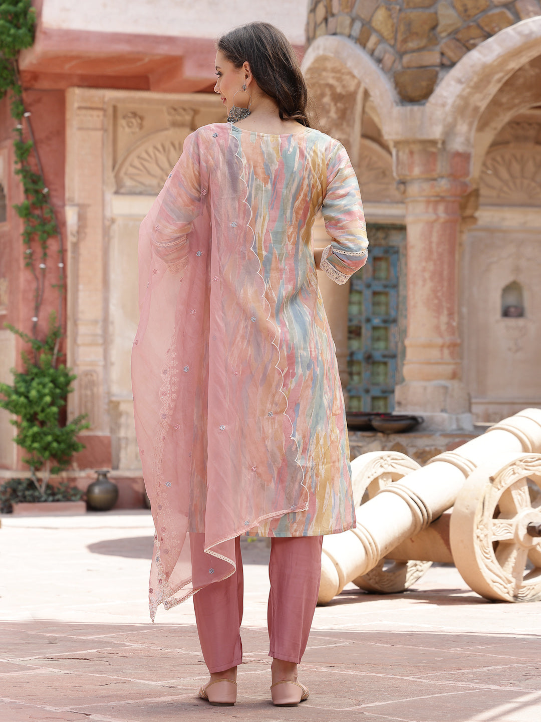 Tie &amp; Dye Printed Musiin Straight Kurta Pant Dupatta Set