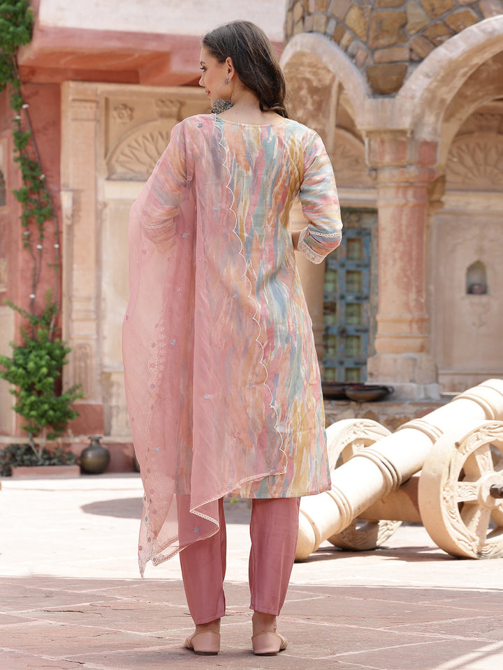 Tie &amp; Dye Printed Musiin Straight Kurta Pant Dupatta Set