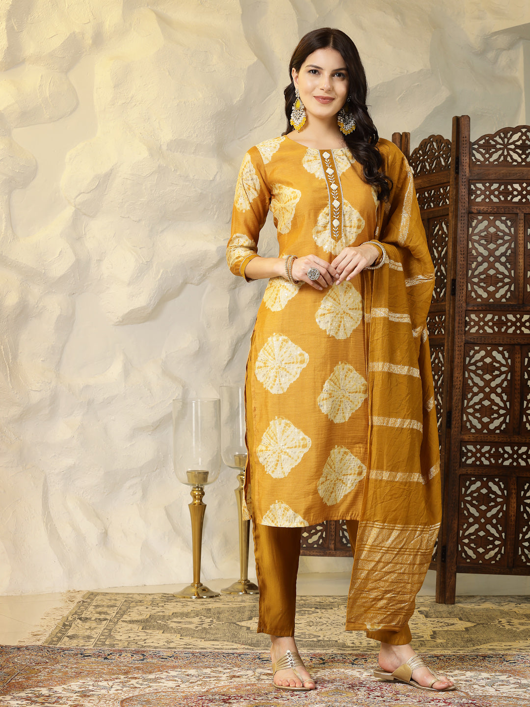 Shibori Printed Muslin Straight Kurta Pant Dupatta Set (Pre-Order)