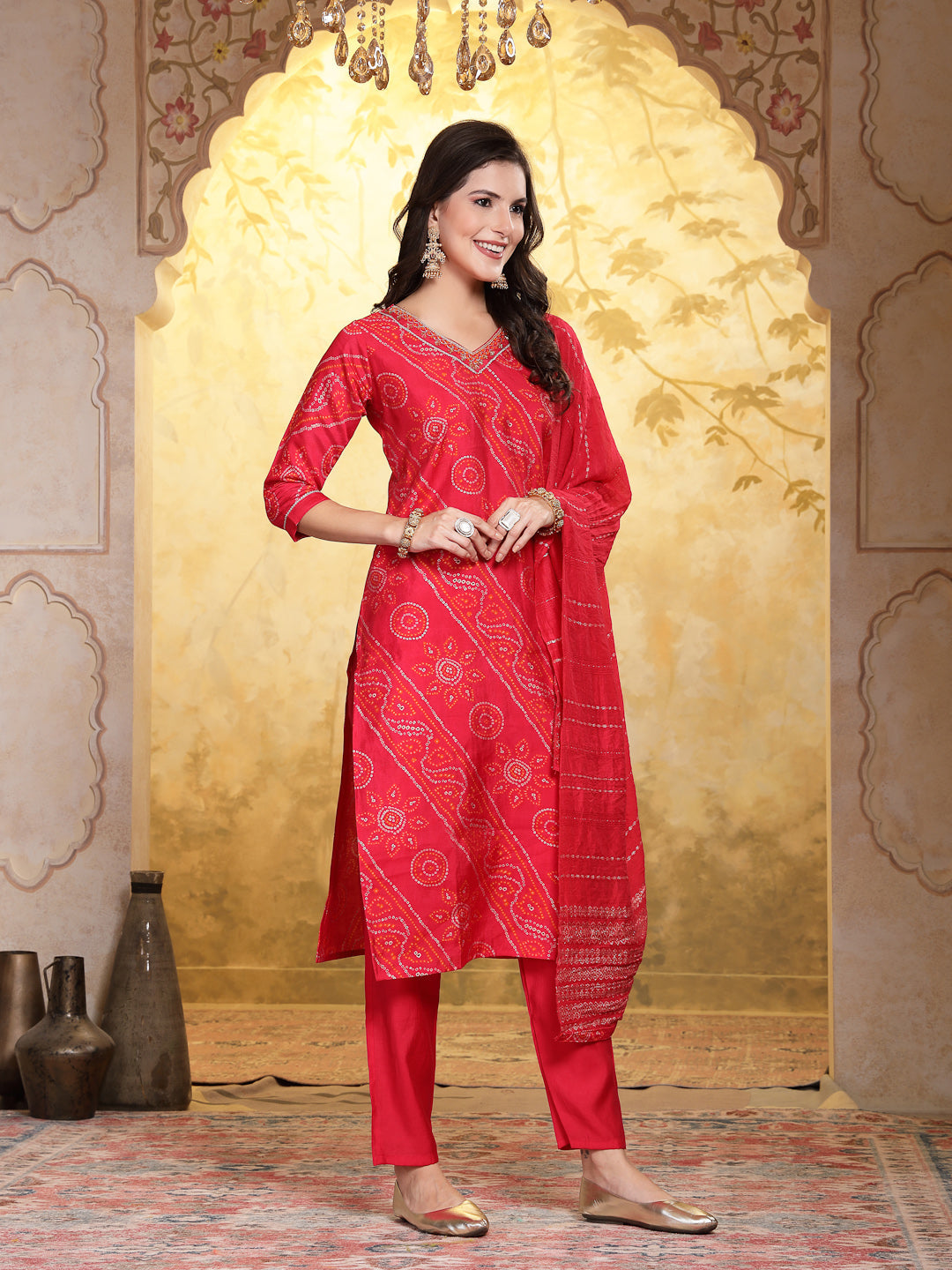 Bandhej Printed Muslin Straight Kurta Pant Dupatta Set (Pre-Order)