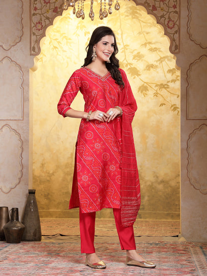 Bandhej Printed Muslin Straight Kurta Pant Dupatta Set (Pre-Order)