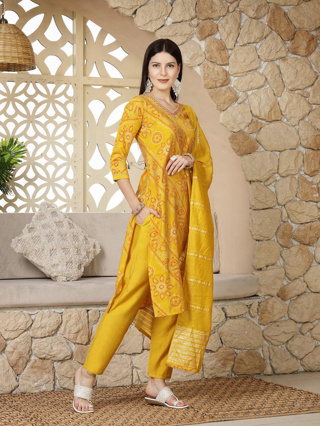 Bandhej Printed Muslin Straight Kurta Pant Dupatta Set (Pre-Order)