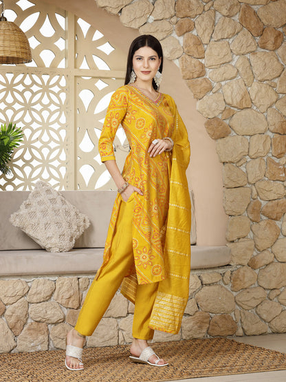 Bandhej Printed Muslin Straight Kurta Pant Dupatta Set (Pre-Order)