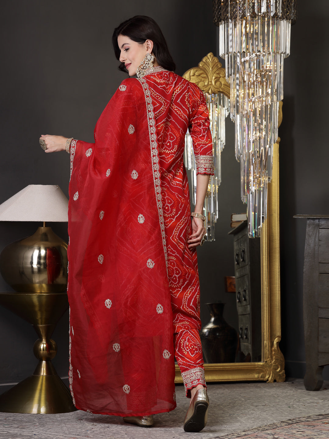 Bandhani Print & Embroidered Muslin Straight Kurta Pant Dupatta Set (Pre-Order)