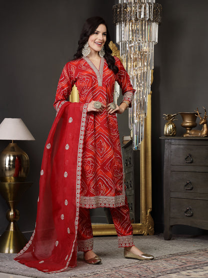 Bandhani Print & Embroidered Muslin Straight Kurta Pant Dupatta Set (Pre-Order)