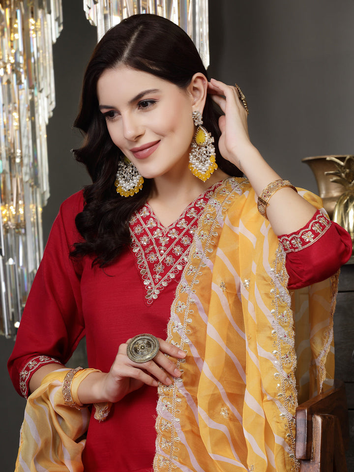 Lehariya Print &amp; Embroidered Muslin Straight Kurta Pant Dupatta Set