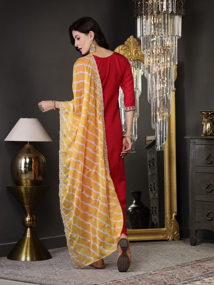 Lehariya Print &amp; Embroidered Muslin Straight Kurta Pant Dupatta Set