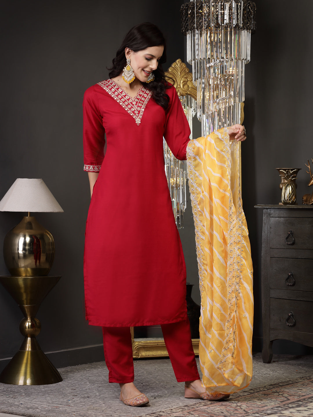 Lehariya Print &amp; Embroidered Muslin Straight Kurta Pant Dupatta Set