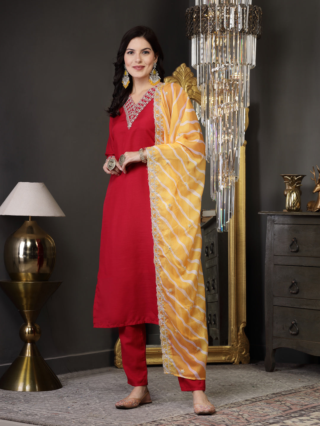 Lehariya Print &amp; Embroidered Muslin Straight Kurta Pant Dupatta Set