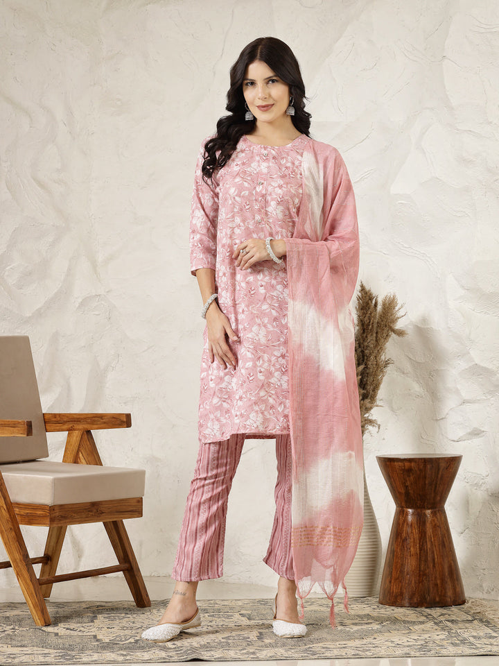 Pink Tropical Printed Silk Blend Straight Kurta Pant Dupatta Set