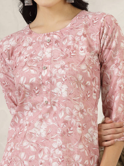 Pink Tropical Printed Silk Blend Straight Kurta Pant Dupatta Set