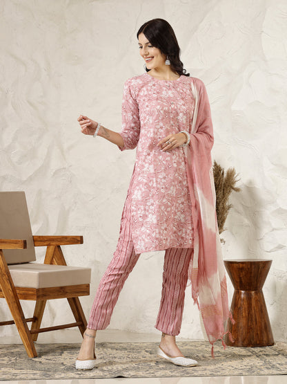 Pink Tropical Printed Silk Blend Straight Kurta Pant Dupatta Set (Pre-Order)