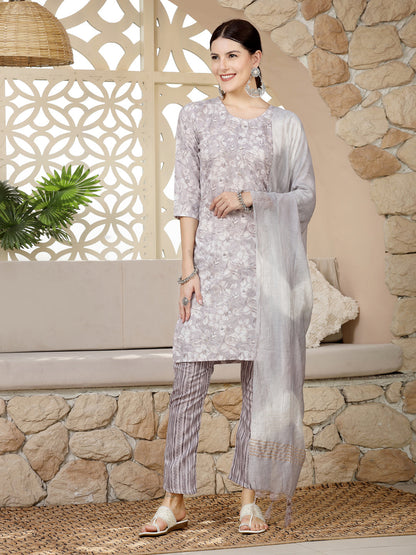 Grey Tropical Printed Silk Blend Straight Kurta Pant Dupatta Set (Pre-Order)