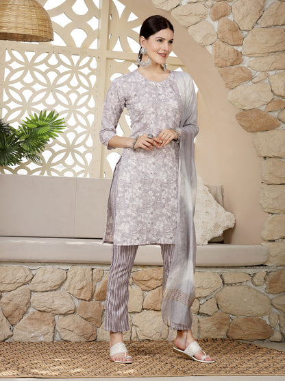 Grey Tropical Printed Silk Blend Straight Kurta Pant Dupatta Set (Pre-Order)