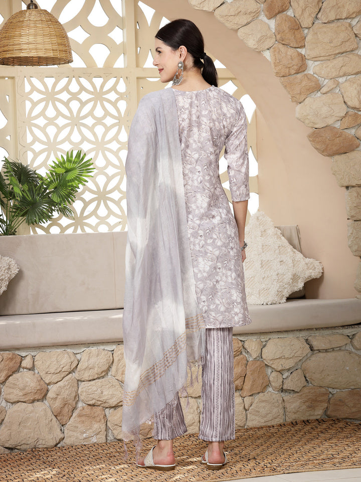 Grey Tropical Printed Silk Blend Straight Kurta Pant Dupatta Set