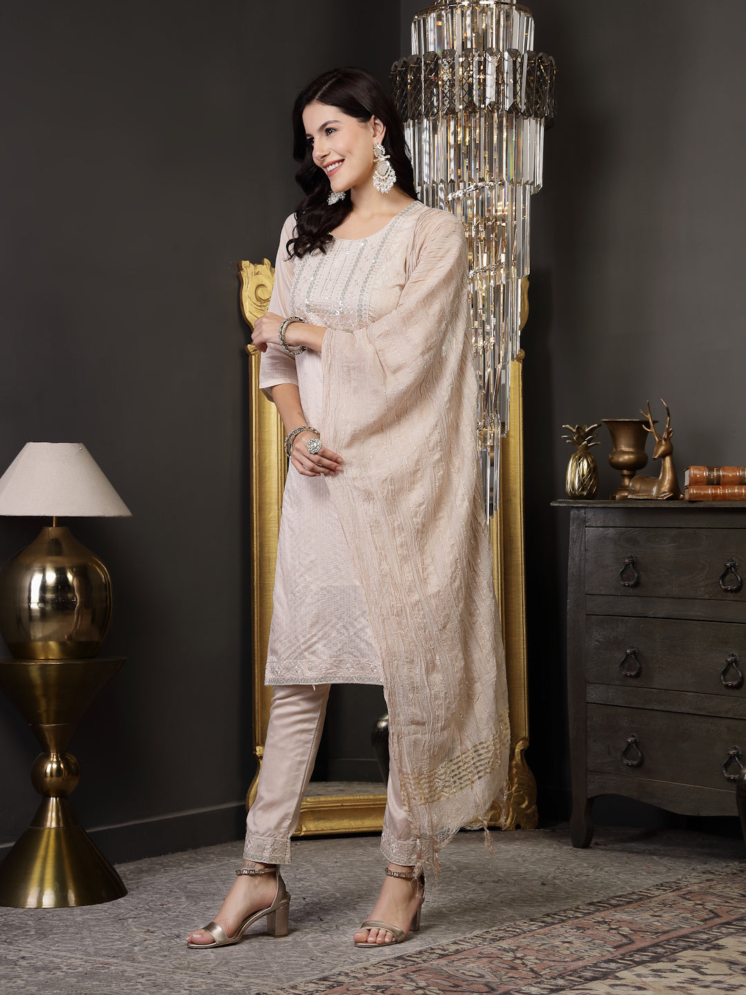 Beige Woven Design & Embroidered Silk Blend Straight Kurta Pant Dupatta Set (Pre-Order)