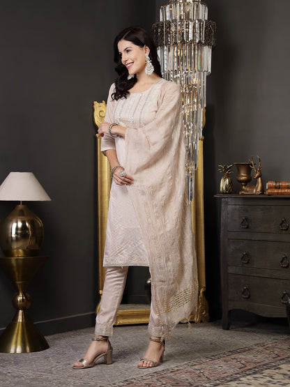Beige Woven Design & Embroidered Silk Blend Straight Kurta Pant Dupatta Set (Pre-Order)