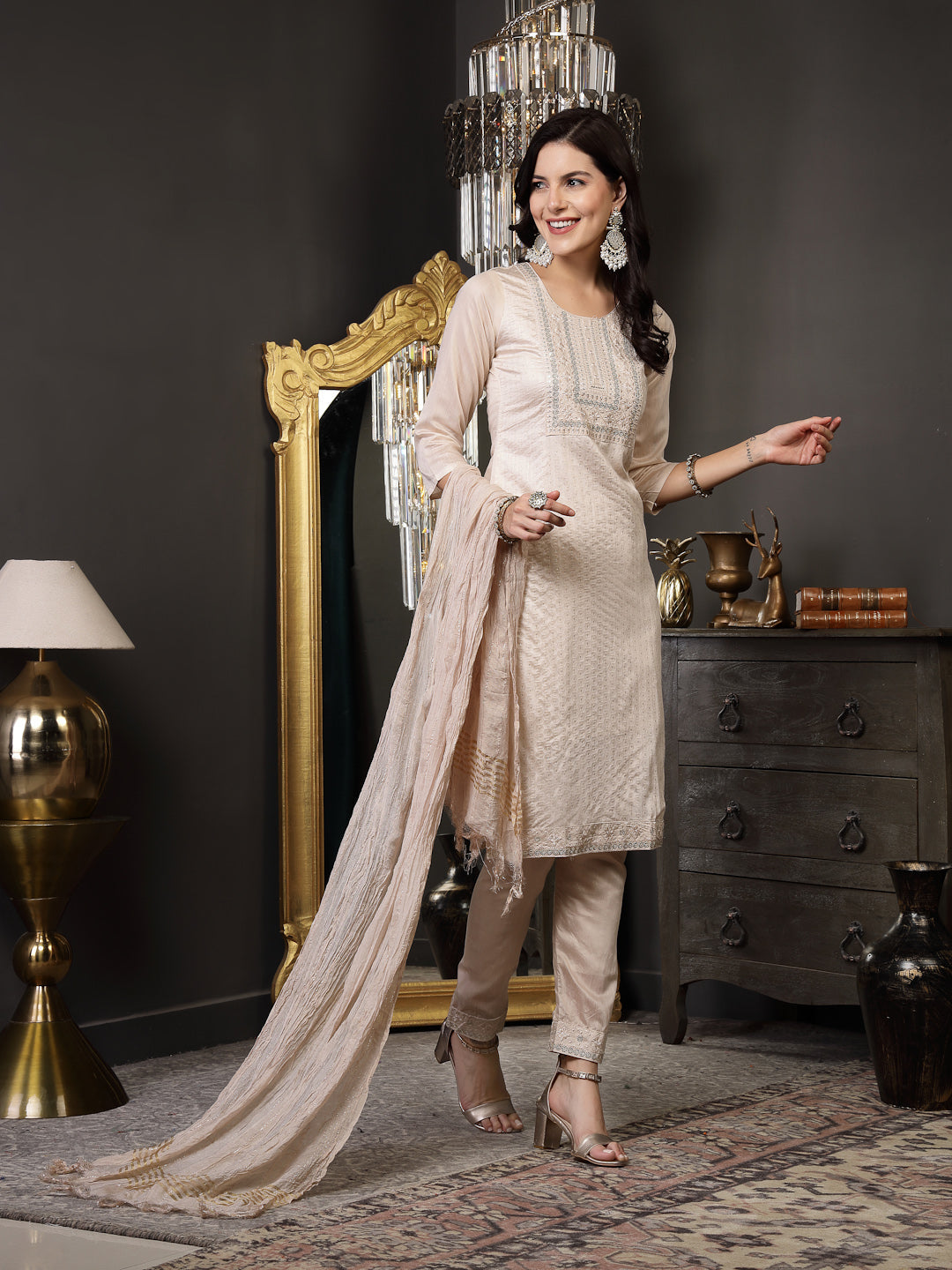 Beige Woven Design & Embroidered Silk Blend Straight Kurta Pant Dupatta Set (Pre-Order)