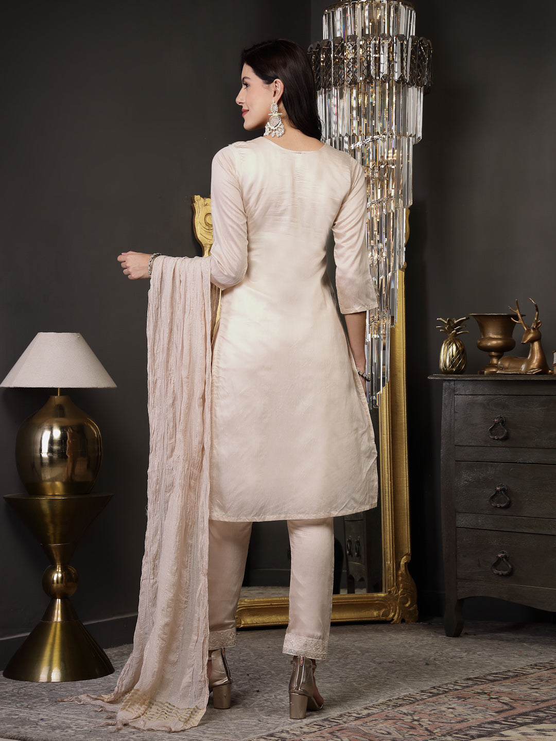 Beige Woven Design & Embroidered Silk Blend Straight Kurta Pant Dupatta Set (Pre-Order)