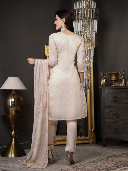 Beige Woven Design & Embroidered Silk Blend Straight Kurta Pant Dupatta Set (Pre-Order)
