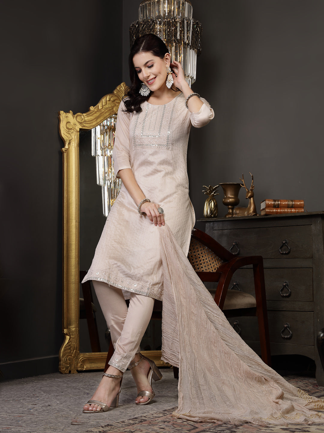 Beige Woven Design & Embroidered Silk Blend Straight Kurta Pant Dupatta Set (Pre-Order)