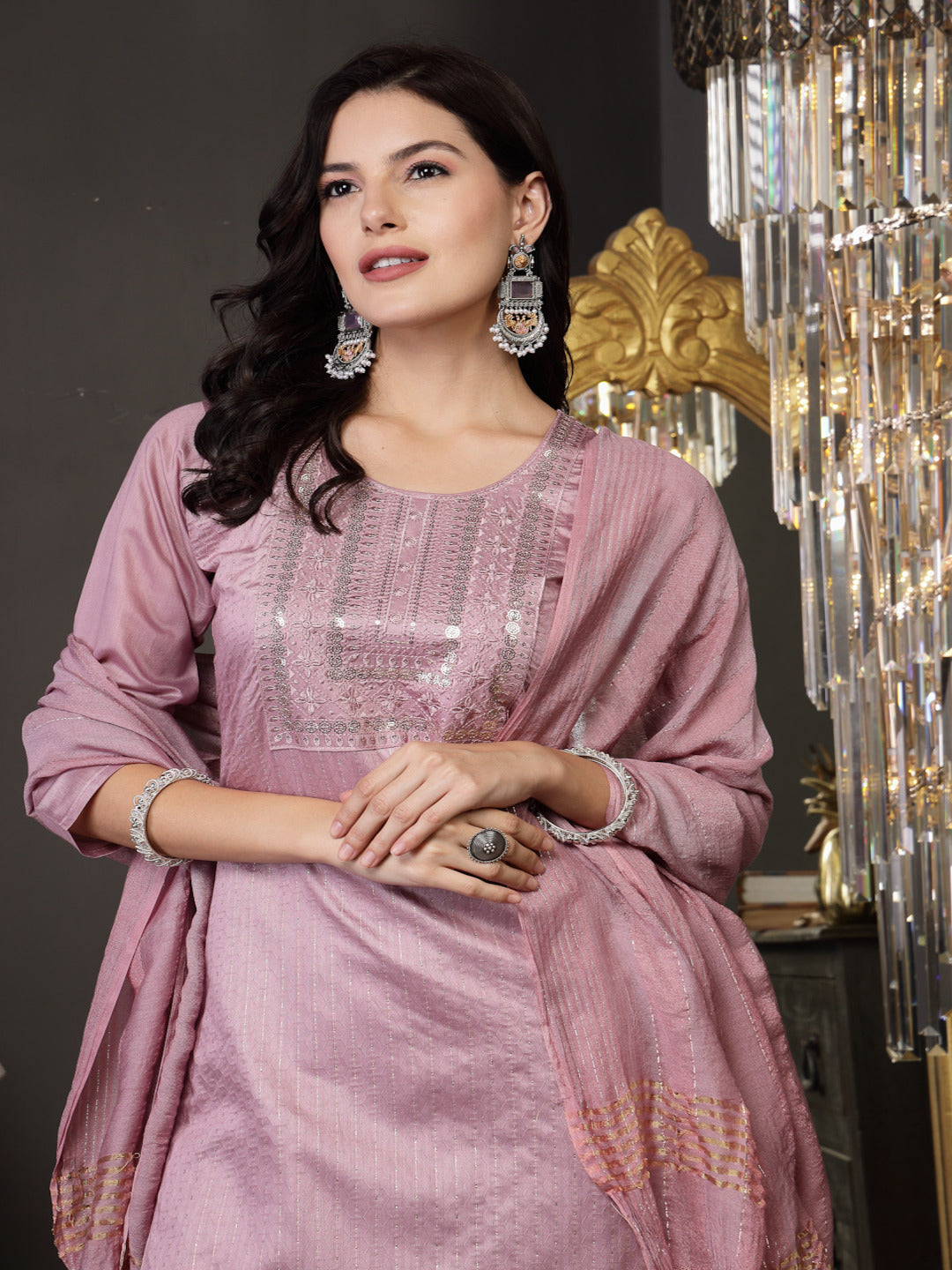 Mulberry Woven Design &amp; Embroidered Silk Blend Straight Kurta Pant Dupatta Set