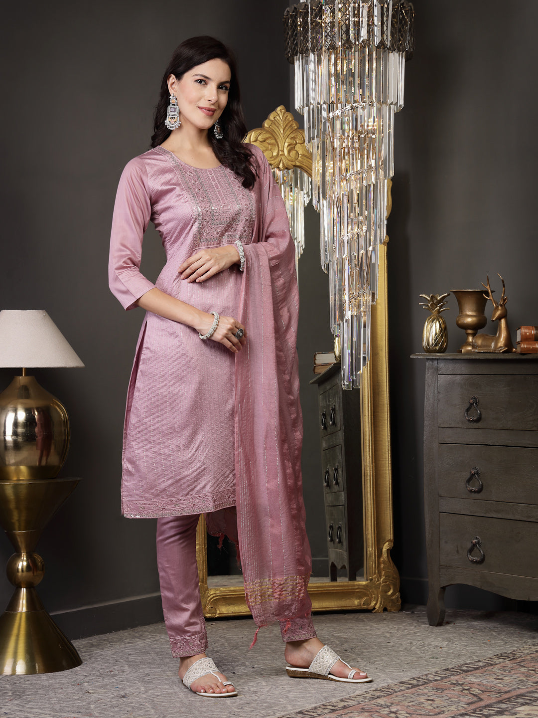 Mulberry Woven Design &amp; Embroidered Silk Blend Straight Kurta Pant Dupatta Set