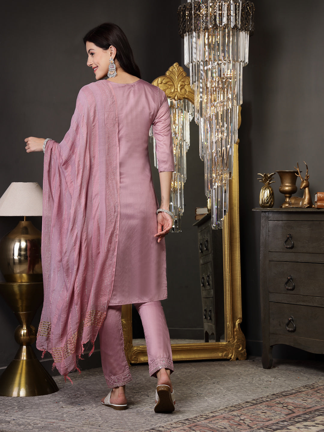 Mulberry Woven Design &amp; Embroidered Silk Blend Straight Kurta Pant Dupatta Set