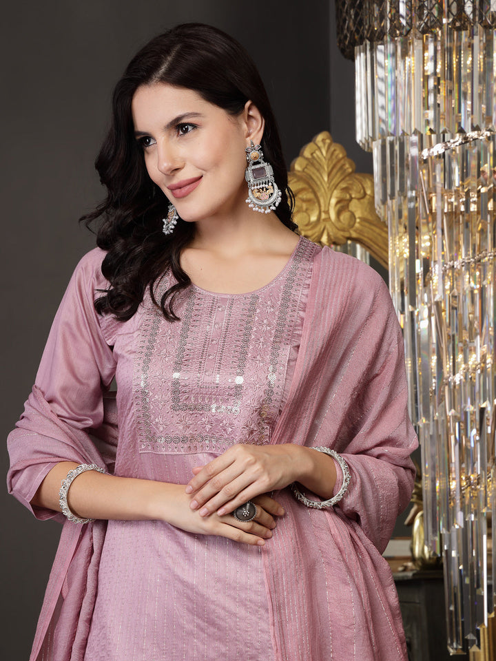 Mulberry Woven Design &amp; Embroidered Silk Blend Straight Kurta Pant Dupatta Set