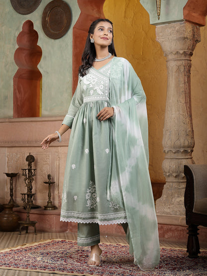 Green Embroidered Cotton Angrakha Cut Flared Kurta Pant Dupatta Set (Pre-Order)