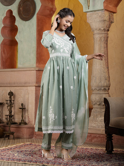 Green Embroidered Cotton Angrakha Cut Flared Kurta Pant Dupatta Set