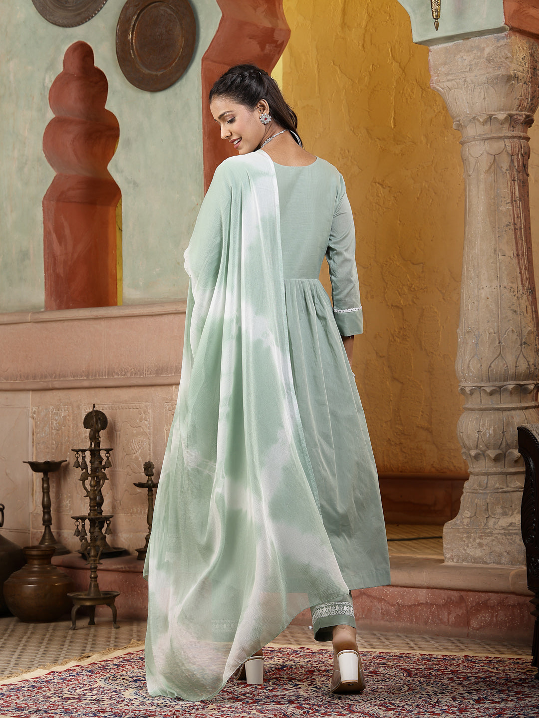 Green Embroidered Cotton Angrakha Cut Flared Kurta Pant Dupatta Set (Pre-Order)