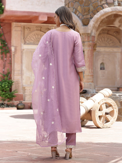 Purple Embroidered Silk Blend Straight Kurta Pant Dupatta Set (Pre-Order)