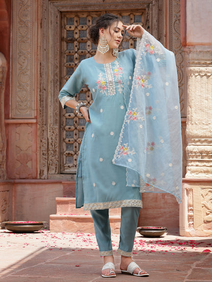 Blue Embroidered Silk Blend Straight Kurta Pant Dupatta Set (Pre-Order)