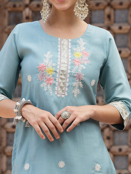 Blue Embroidered Silk Blend Straight Kurta Pant Dupatta Set (Pre-Order)