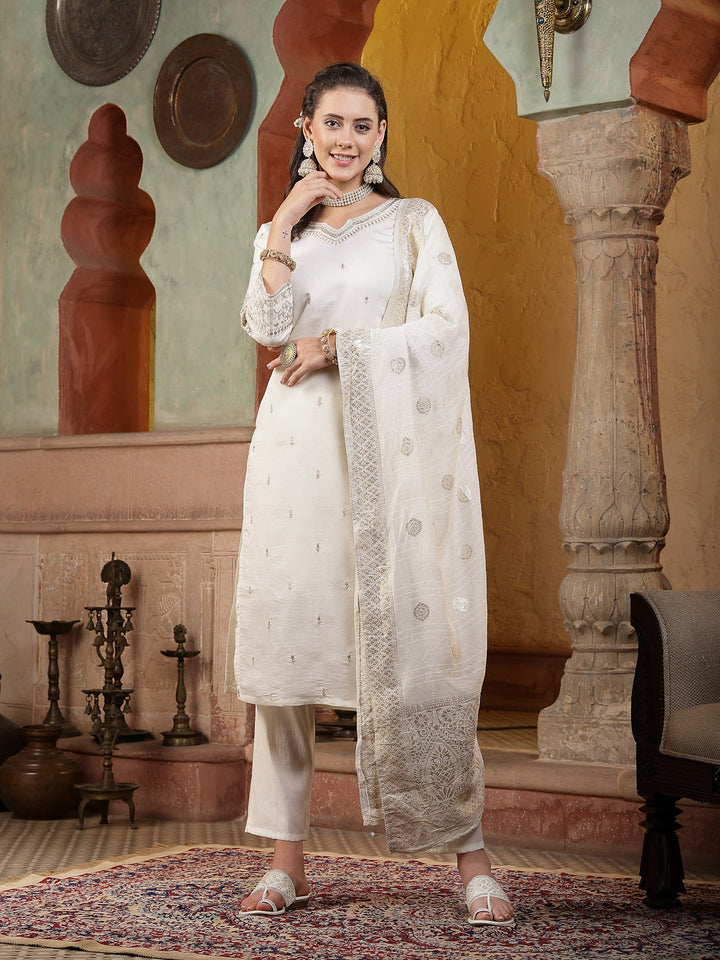 Off White Brocade Work Silk Blend Straight Kurta Pant Dupatta Set