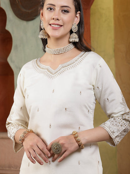 Off White Brocade Work Silk Blend Straight Kurta Pant Dupatta Set