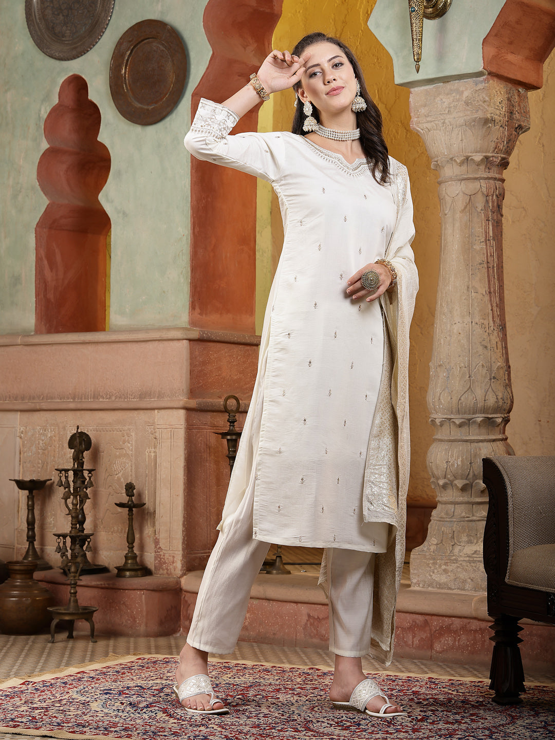 Off White Brocade Work Silk Blend Straight Kurta Pant Dupatta Set