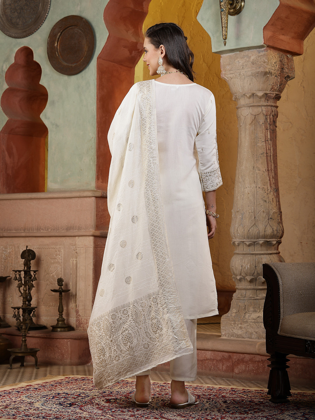 Off White Brocade Work Silk Blend Straight Kurta Pant Dupatta Set
