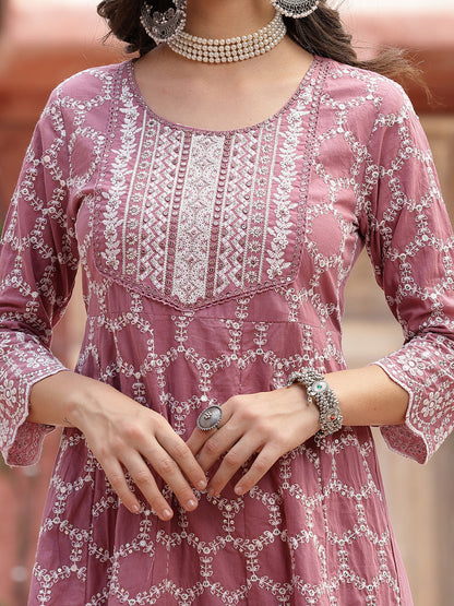 Mauve Embroidered Silk Blend Anarkali Kurta Pant Dupatta Set