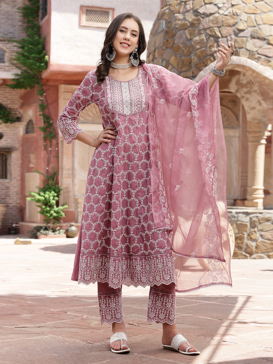 Mauve Embroidered Silk Blend Anarkali Kurta Pant Dupatta Set (Pre-Order)