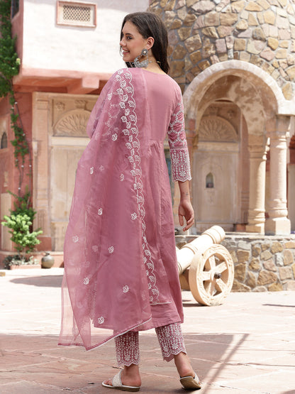 Mauve Embroidered Silk Blend Anarkali Kurta Pant Dupatta Set