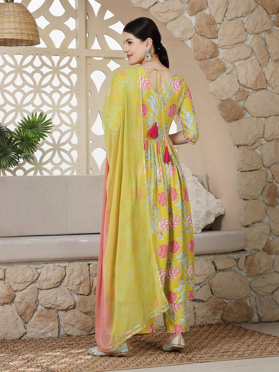 Yellow Floral Printed & Embroidered Rayon Alia Cut Kurta Pant Dupatta Set (Pre-Order)
